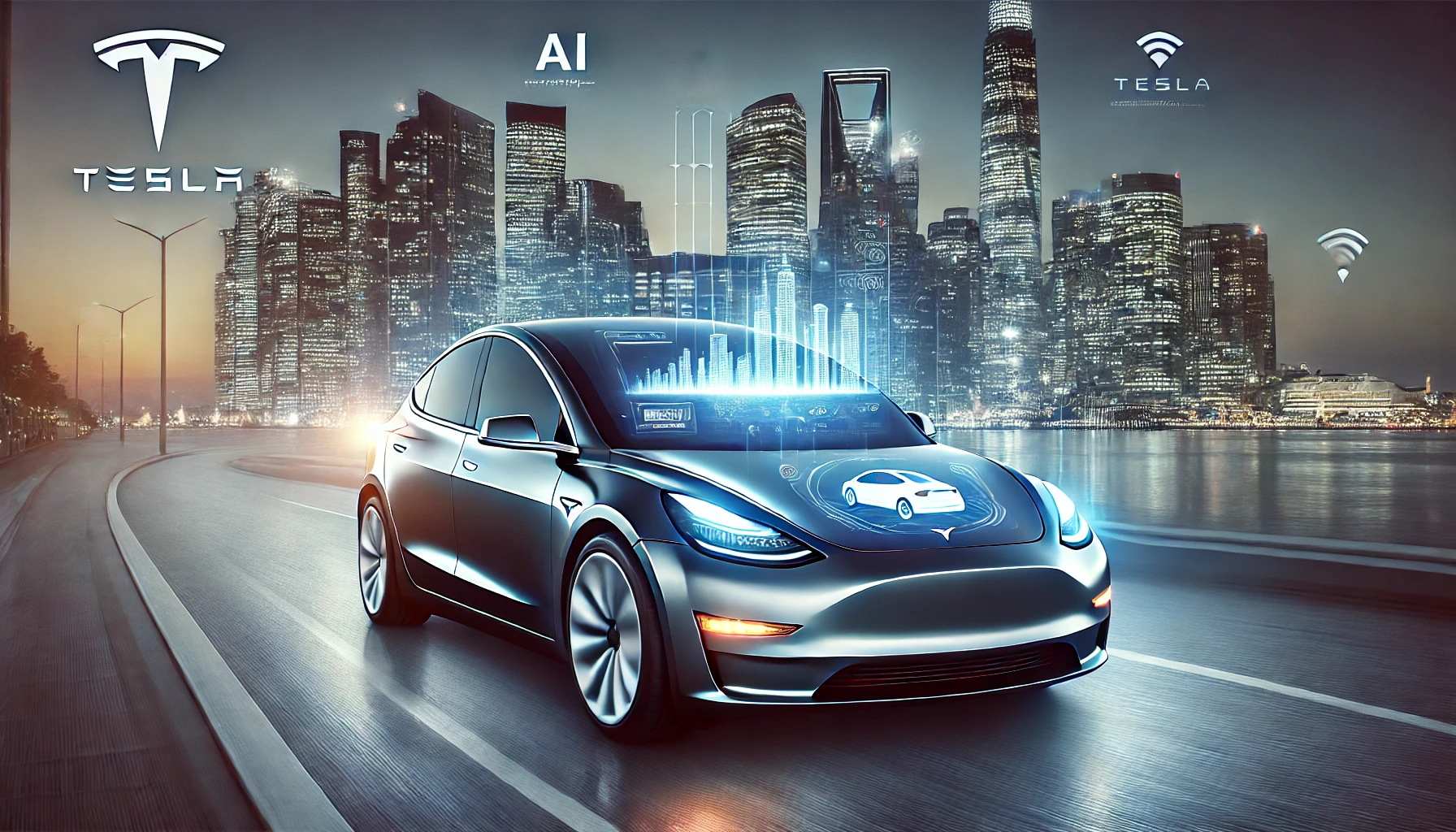 A futuristic Tesla Model Y in motion at dusk, showcasing an autonomous driving interface on its windshield, set against a high-tech city skyline.