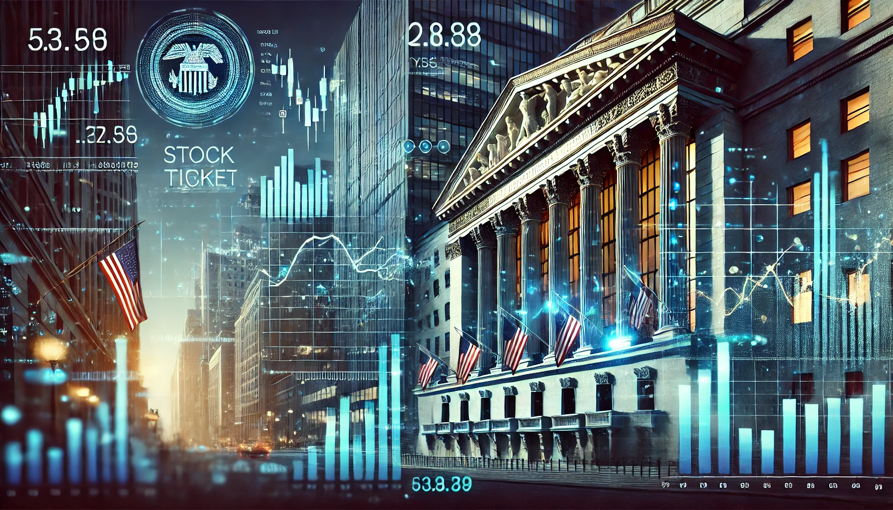 An illustration of Wall Street featuring stock market charts and the Federal Reserve building, with digital stock tickers displaying fluctuating numbers.