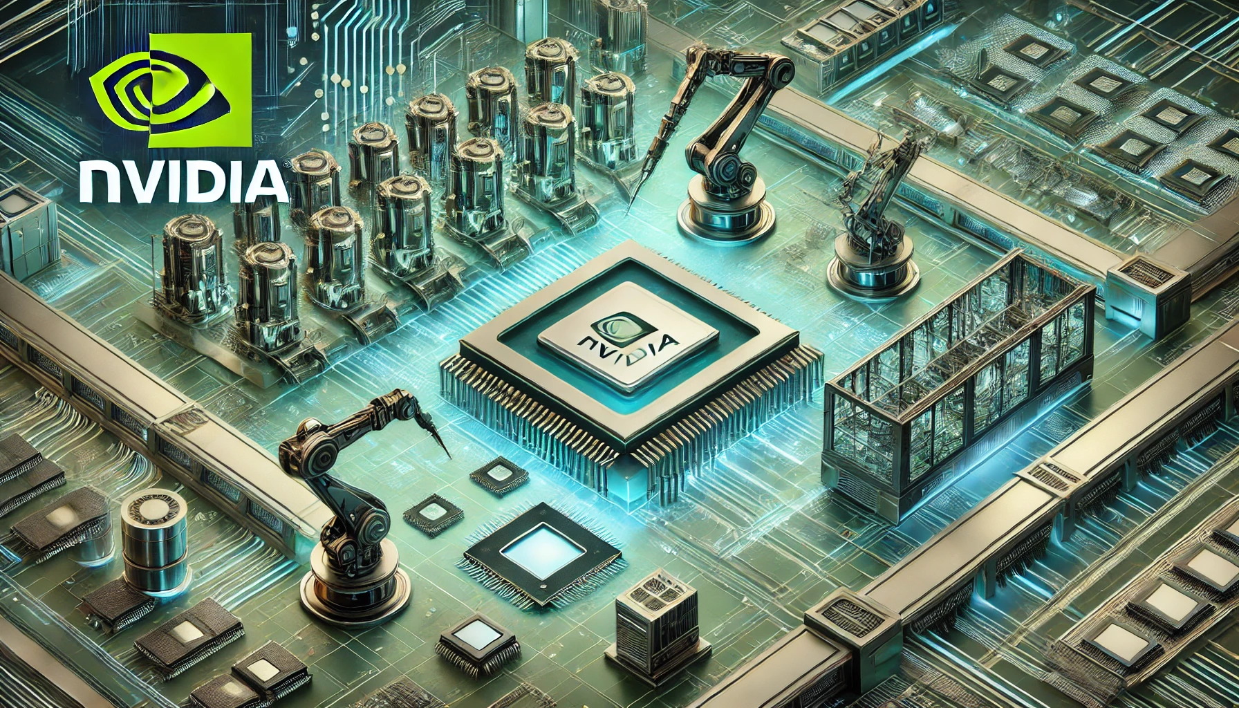 A high-tech illustration of a semiconductor manufacturing facility with Nvidia branding, featuring advanced chip-making machinery, robotic arms assembling microchips, and a futuristic data-driven background.