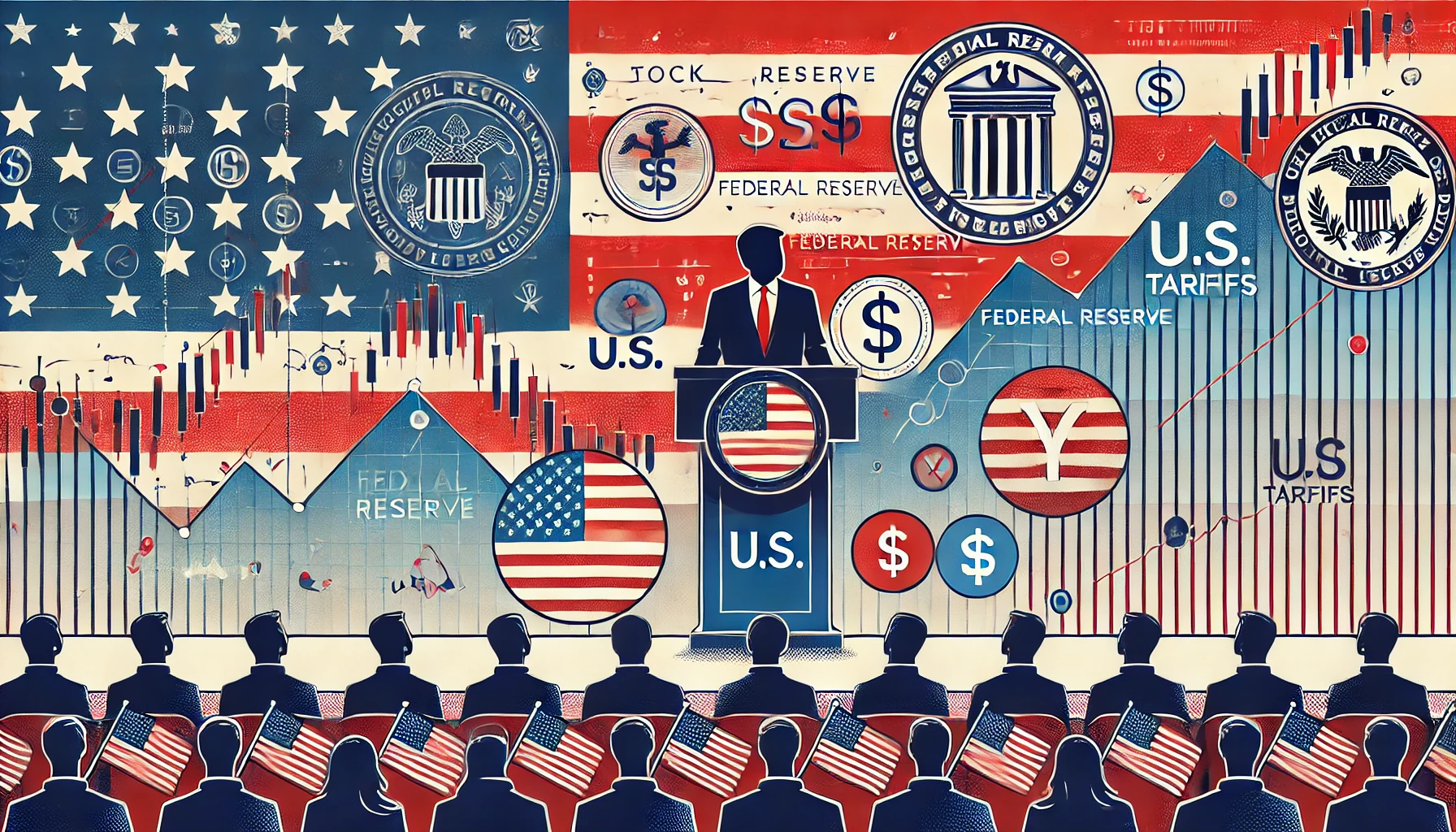 A political and financial-themed illustration showing a speaker at a podium with stock market charts and Federal Reserve symbols in the background.