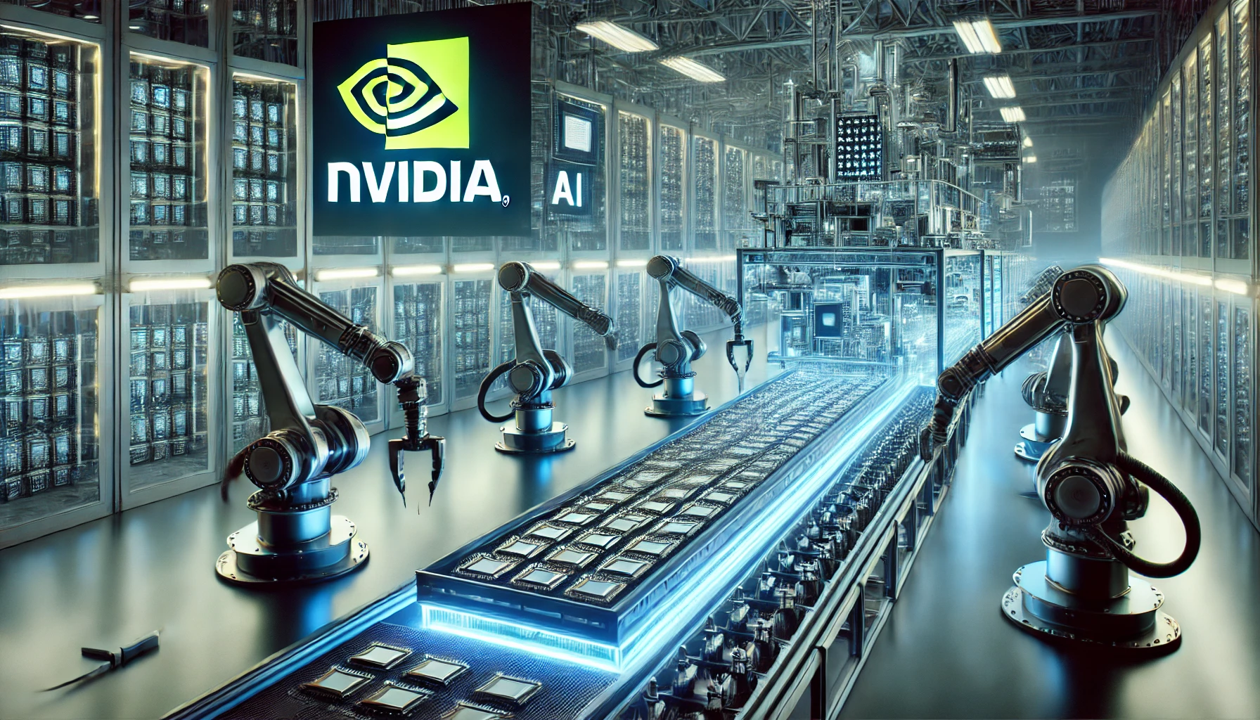 A futuristic semiconductor manufacturing facility in the U.S., featuring robotic arms assembling AI chips under high-tech blue lighting, with Nvidia branding in the background.