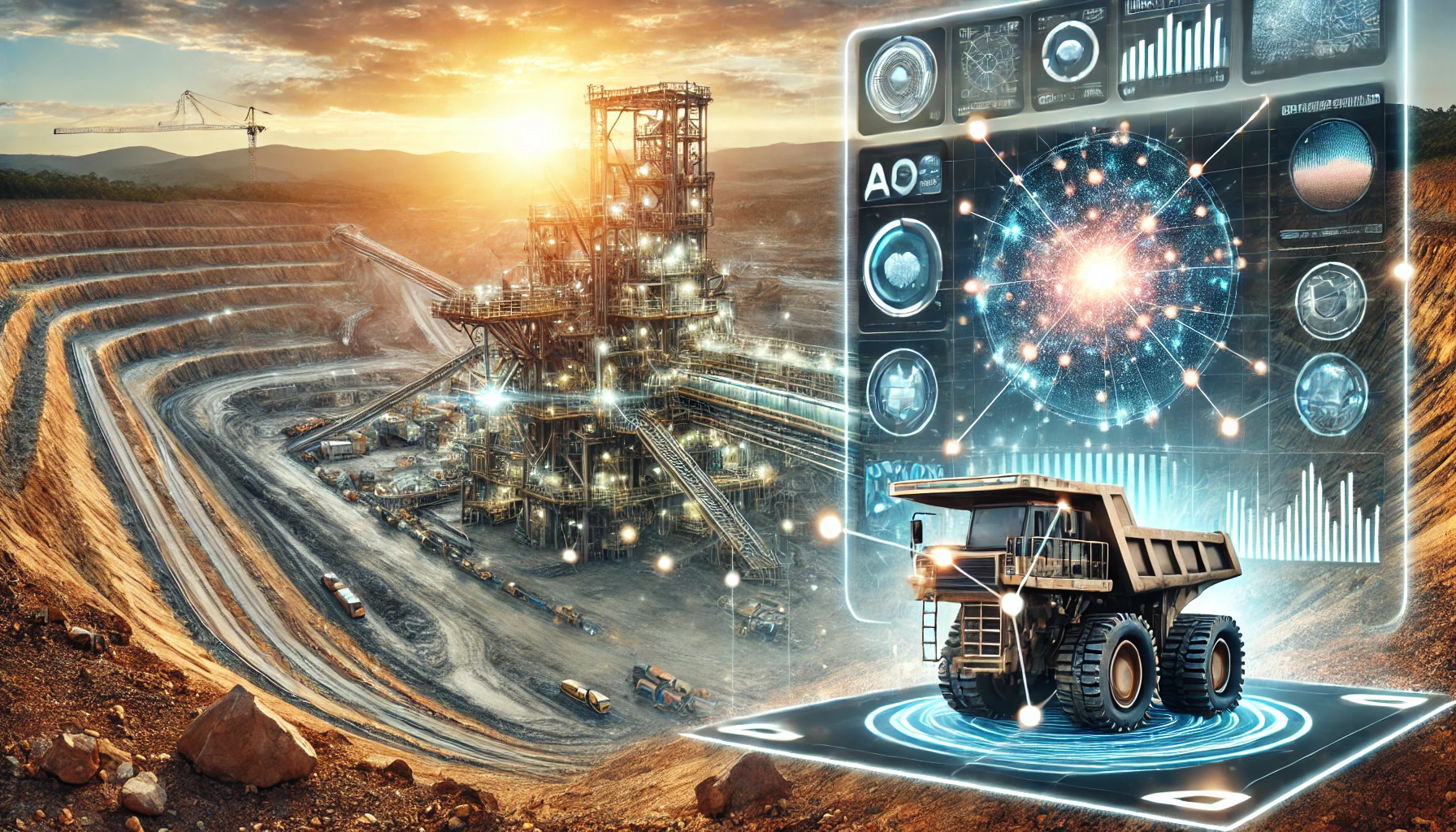 A futuristic AI-powered drilling machine analyzing geological data at a mining site in southeastern Australia, with an open-pit mine in the background.