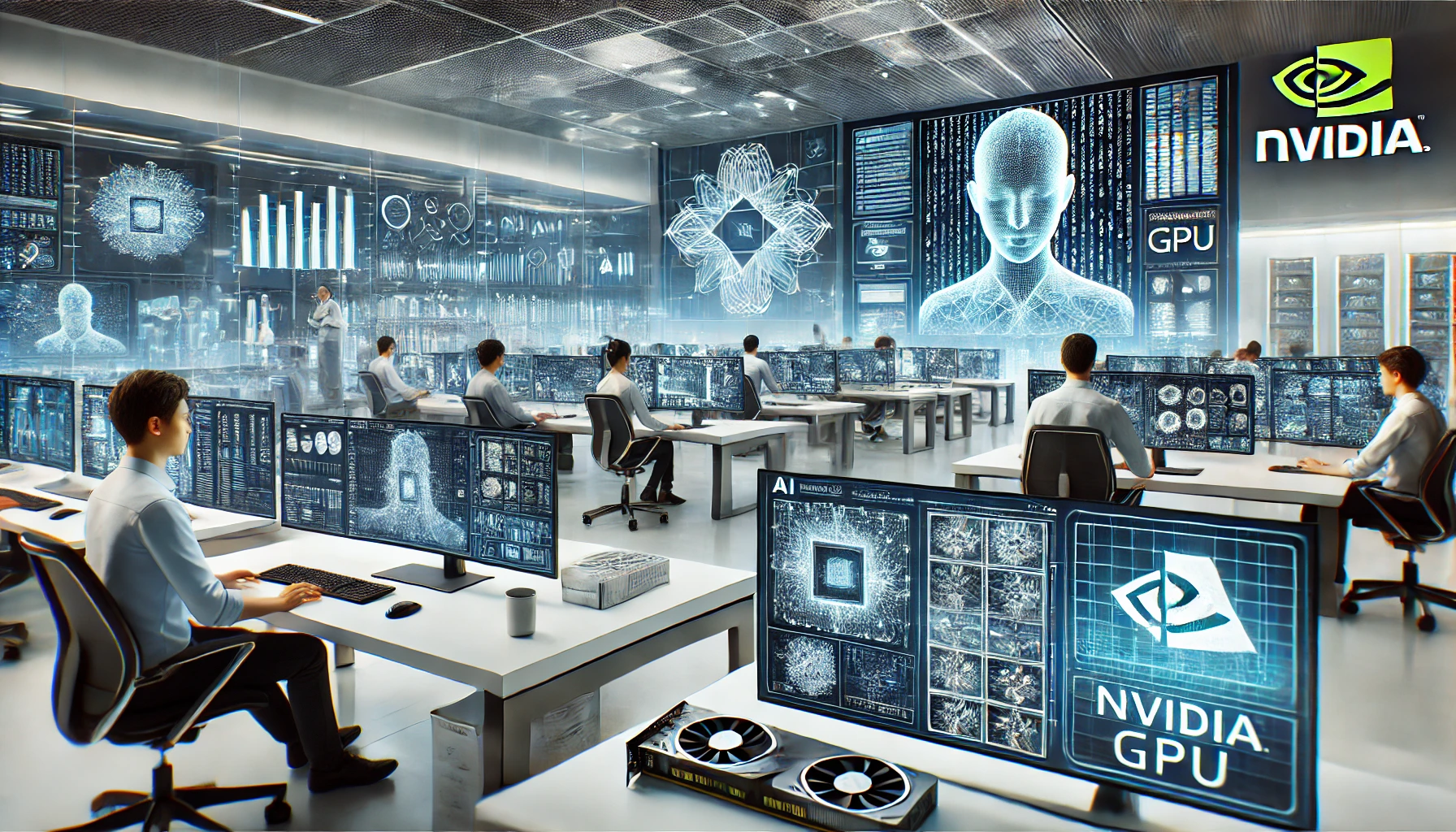 A futuristic AI research lab in China with engineers working on AI models, neural network simulations on digital screens, and older Nvidia GPU chips in use.