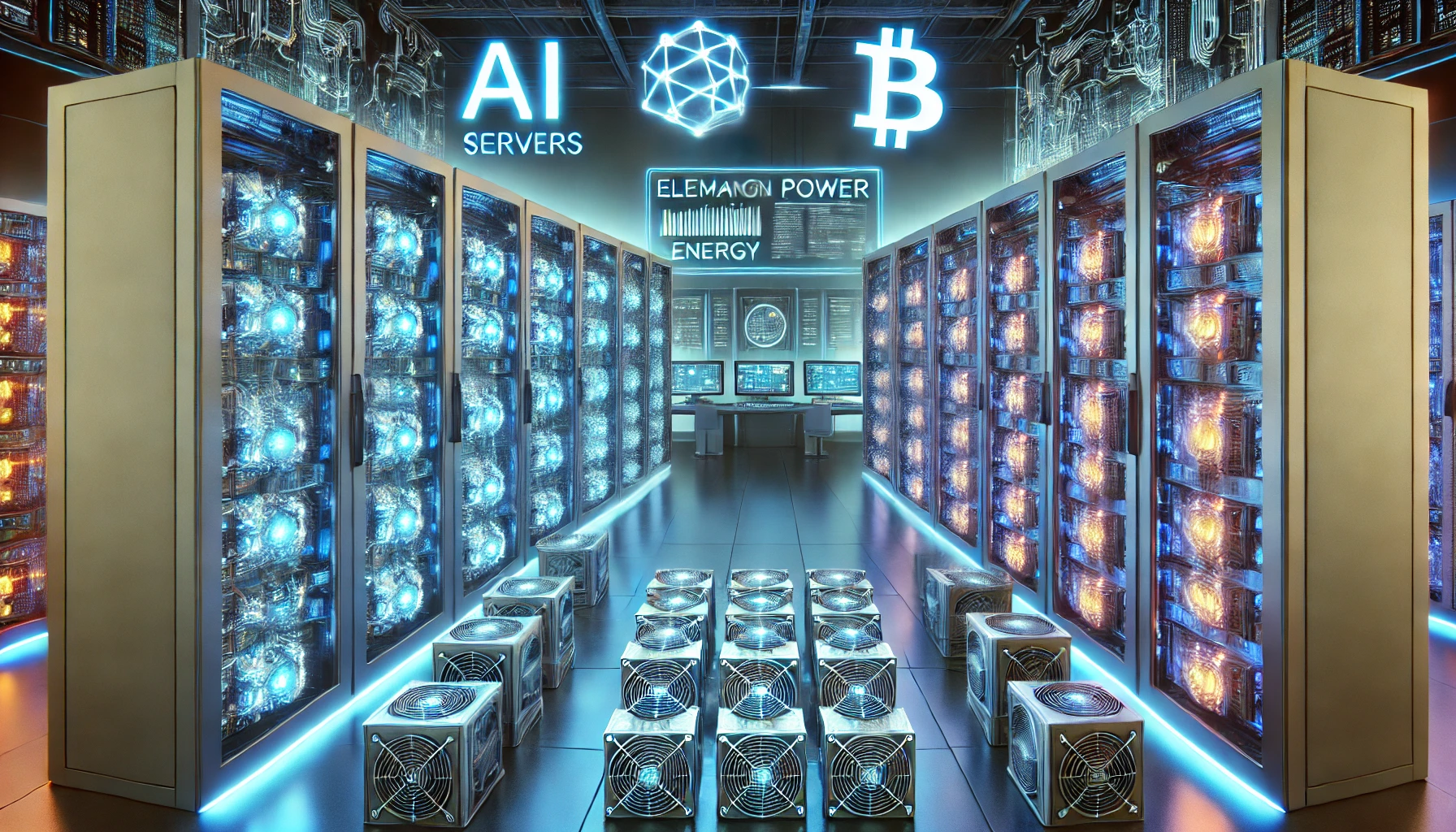 A futuristic data center featuring AI servers and Bitcoin mining rigs competing for energy, with neon lighting and power symbols illustrating the demand struggle.