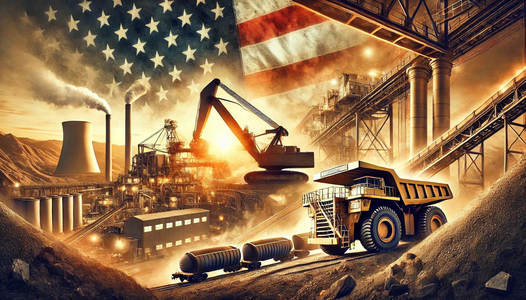 A large-scale industrial mining operation in the U.S. with excavators and conveyor belts transporting minerals, set against a sky subtly featuring an American flag.