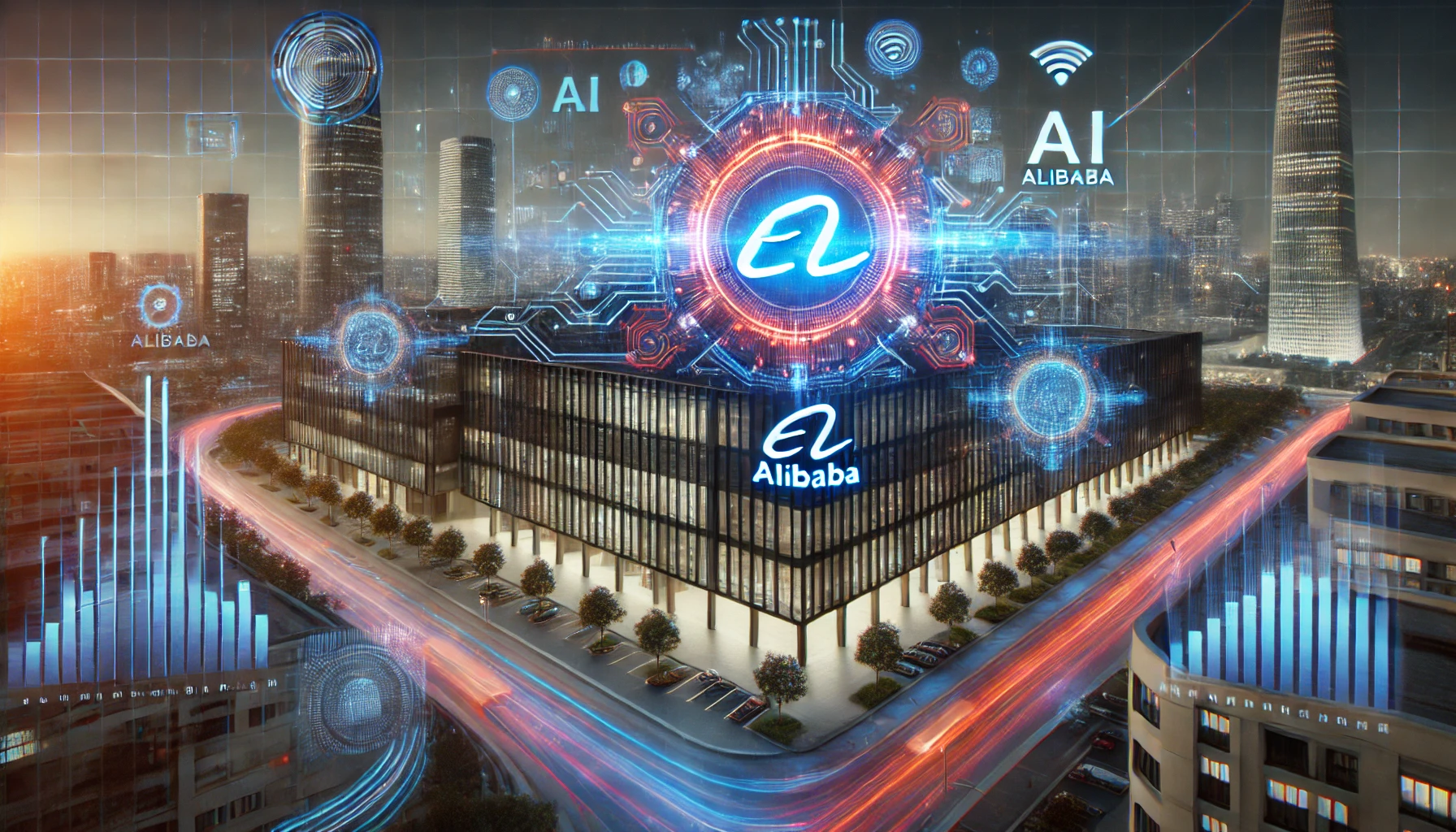 A futuristic depiction of Alibaba's headquarters with digital AI elements overlaying the building, symbolizing the company's push into artificial intelligence.