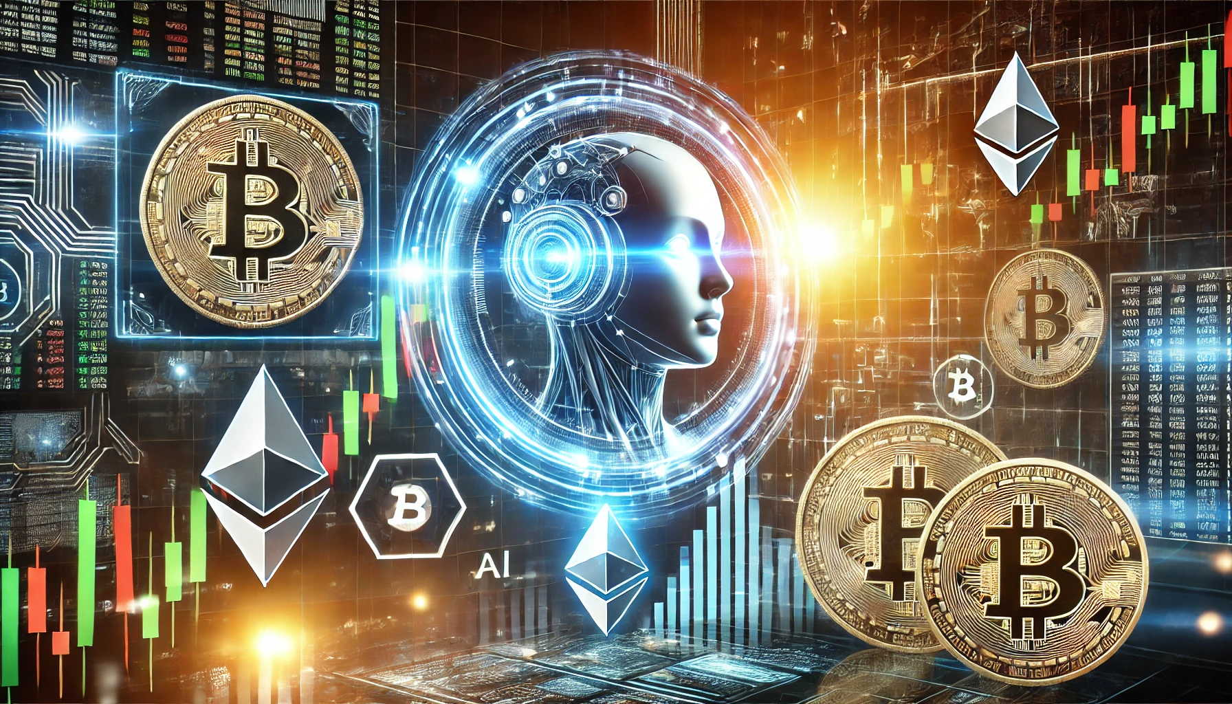 A futuristic stock market scene featuring soaring tech stocks, glowing cryptocurrency symbols like Bitcoin and Ethereum, and AI-driven financial graphs.