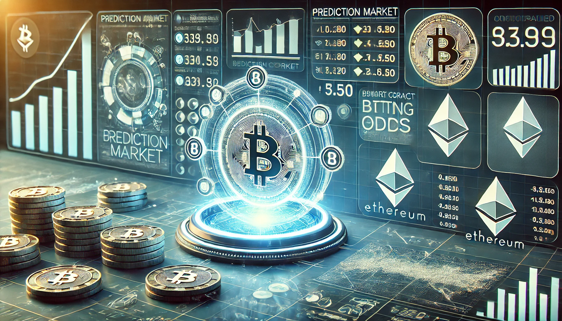 A futuristic digital betting market scene with AI-powered analytics, cryptocurrency symbols, and decentralized blockchain elements.