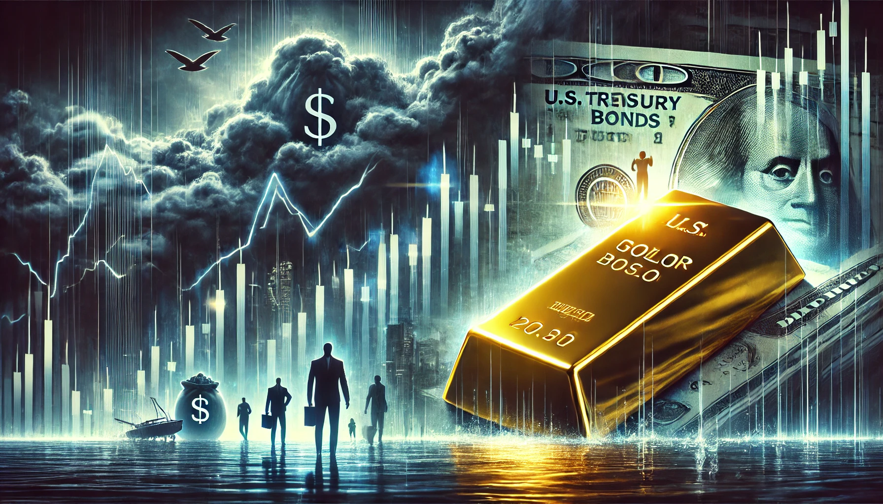 Illustration of economic uncertainty with a stormy stock market graph in the background, while gold, U.S. Treasury bonds, and the U.S. dollar symbolize stability.