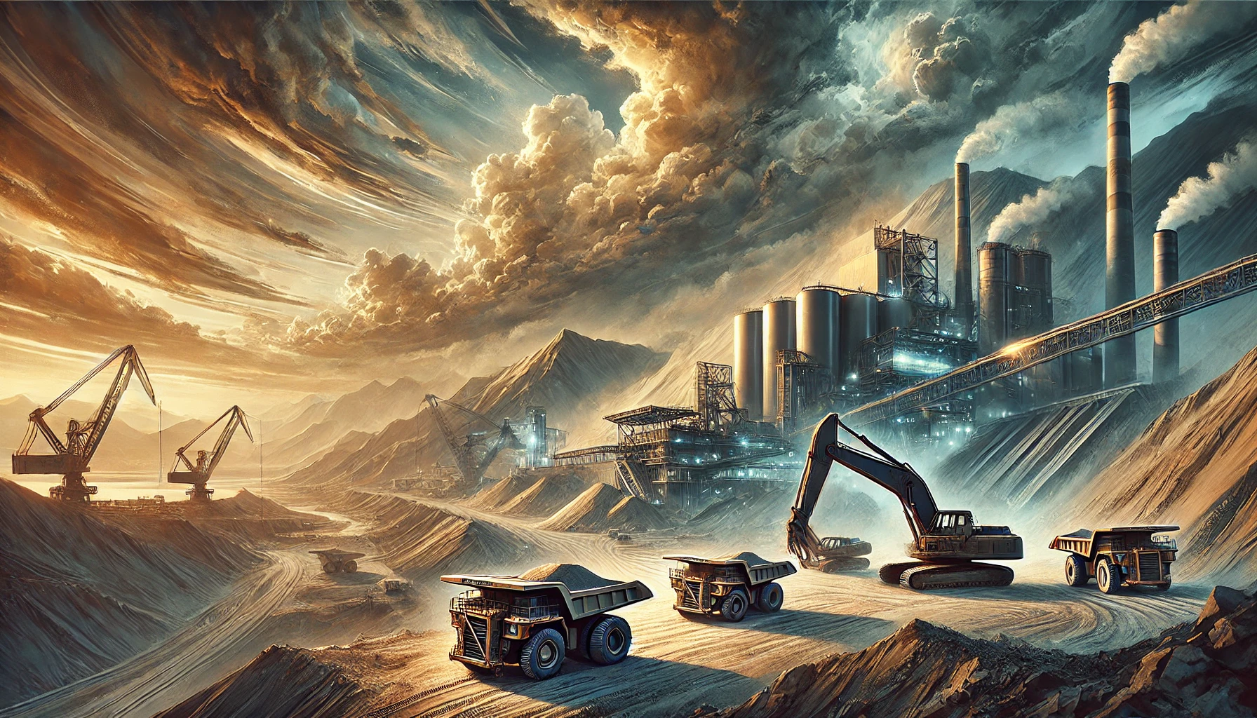 A large mining operation in a mountainous region with heavy machinery under stormy skies, symbolizing geopolitical challenges in the metals industry.