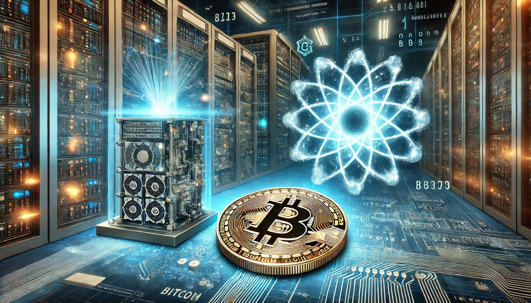 A glowing quantum computer with a fragmented Bitcoin coin in the foreground, symbolizing the potential security threats posed by quantum advancements.