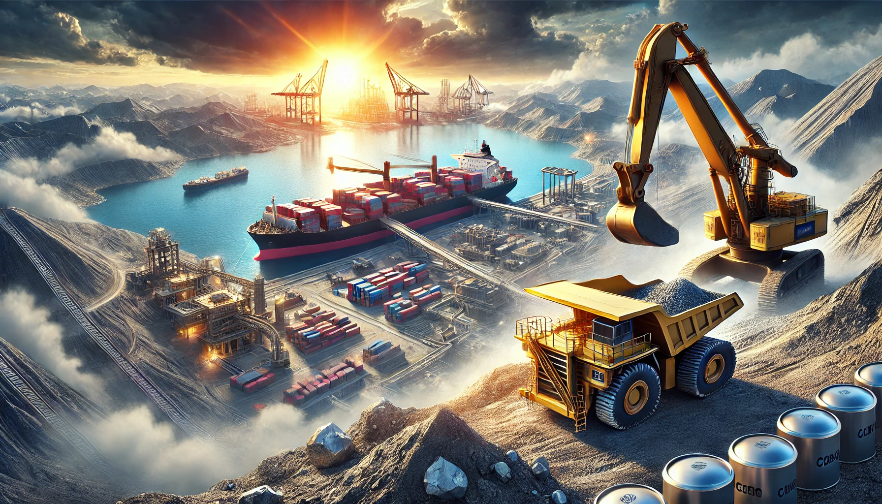 A large mining operation with heavy machinery extracting lithium and cobalt, with a Chinese cargo ship in the background being loaded with mineral containers.