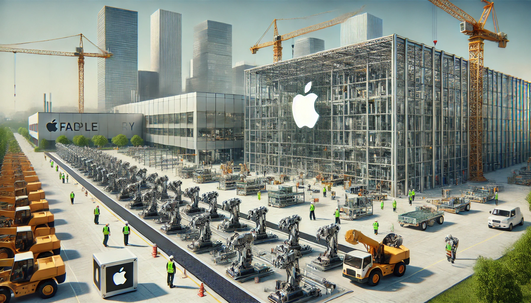 A futuristic Apple manufacturing facility under construction in Houston, Texas, featuring a sleek glass and metal factory, cranes, and workers in safety gear.