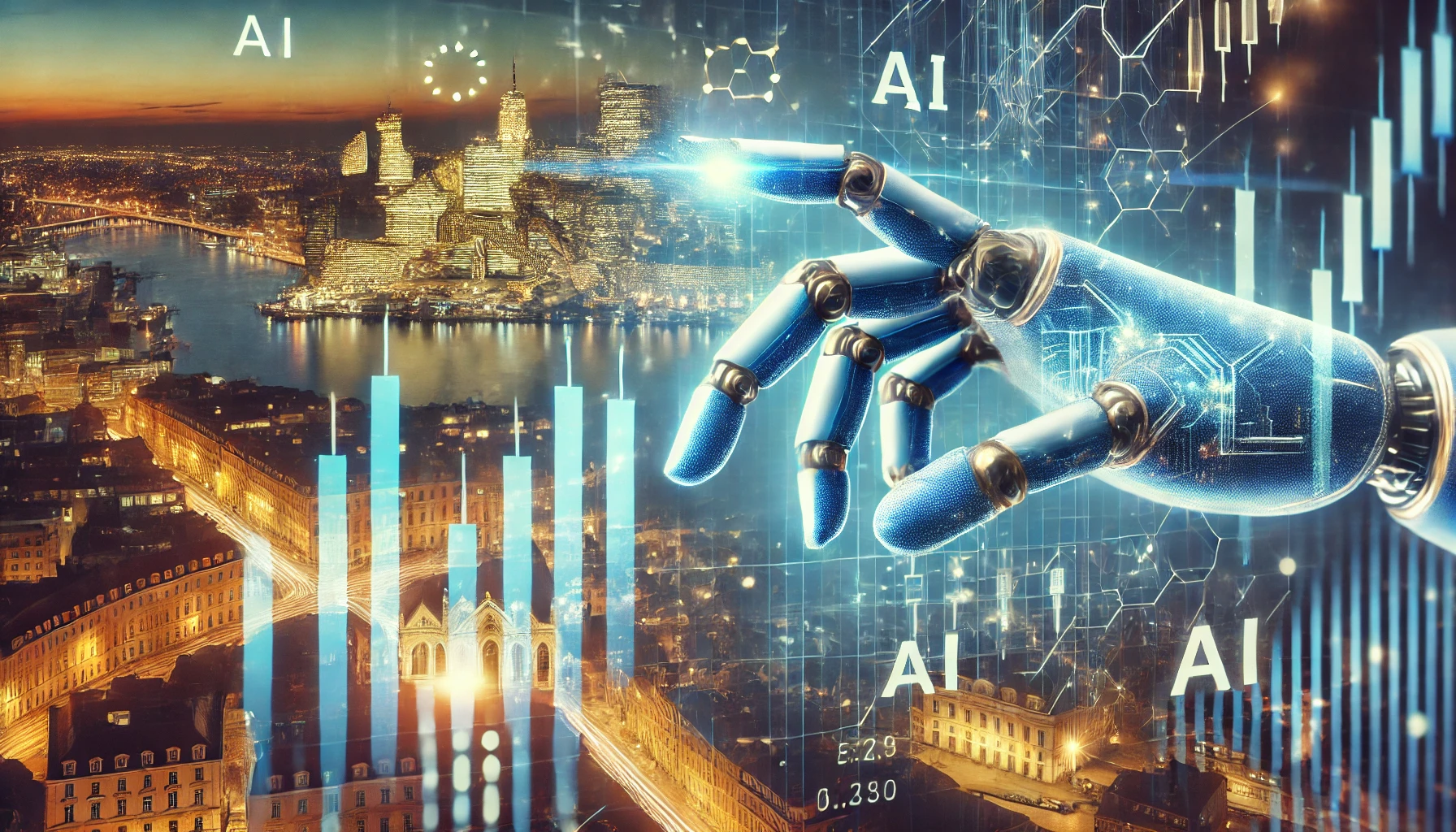 A robotic hand interacting with financial data on a futuristic stock market graph, set against a glowing European city skyline.
