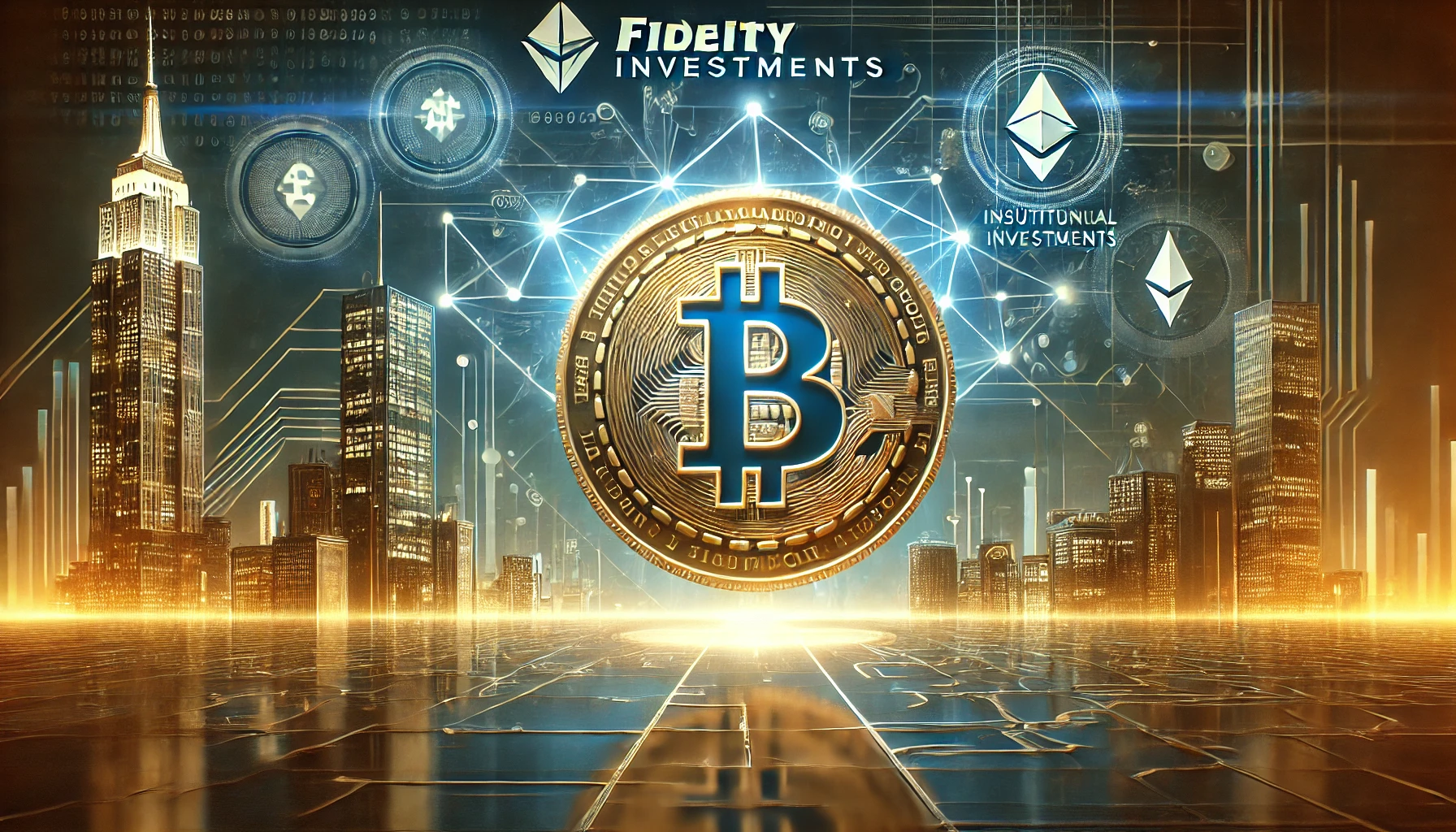 A futuristic digital finance scene featuring a glowing stablecoin with the Fidelity Investments logo, surrounded by blockchain technology elements and a modern city skyline.