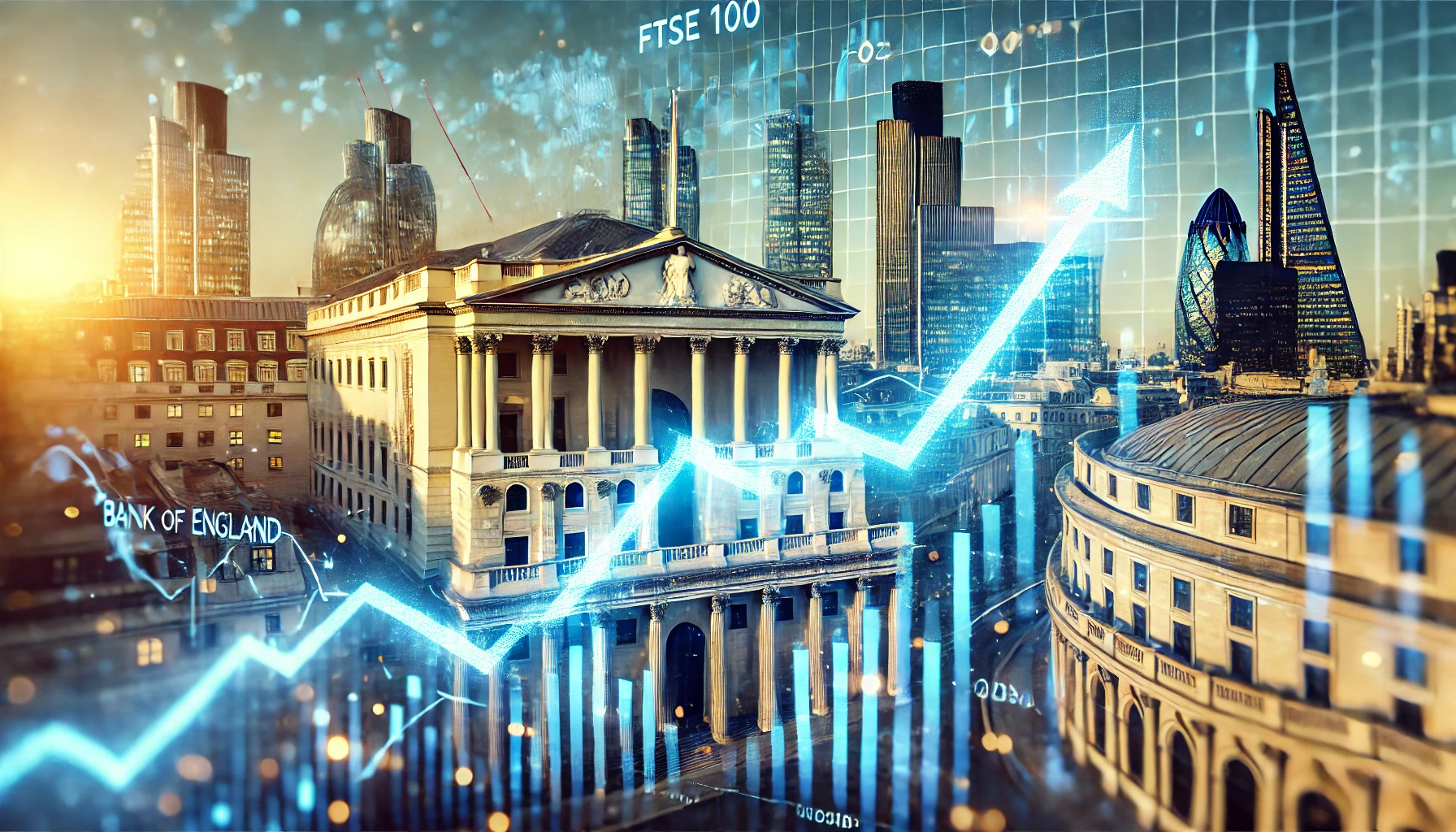 A digital financial scene showing an upward-trending stock chart overlaid on the London skyline, with the Bank of England in the background, symbolizing market optimism and fiscal policy influence.