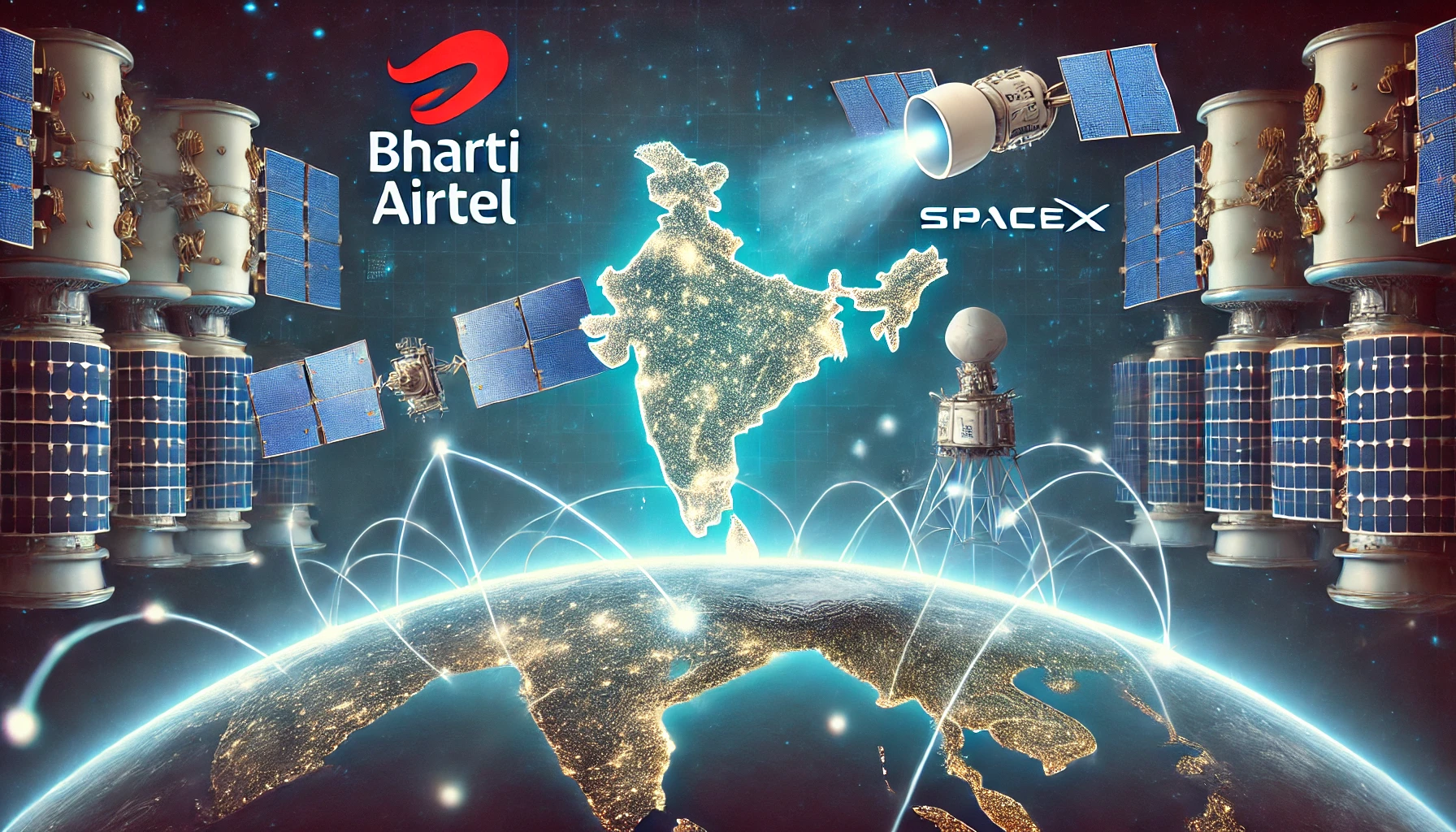 Illustration of a satellite orbiting Earth, linking Bharti Airtel and SpaceX, with India glowing in high-speed internet signals.