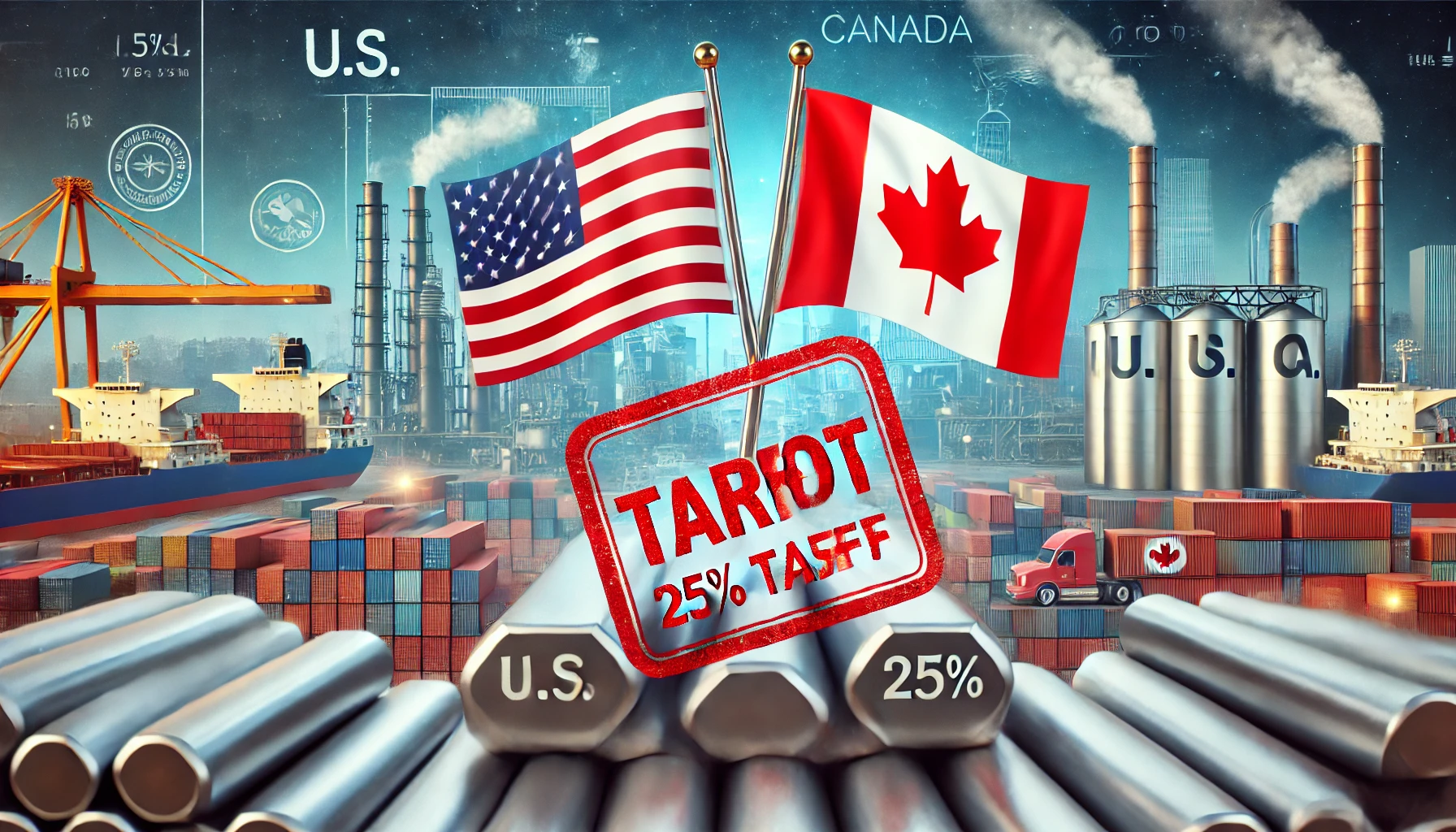 Illustration of US and Canadian flags with steel and aluminum materials in the foreground, marked by a red tariff stamp, symbolizing the 25% tariffs.