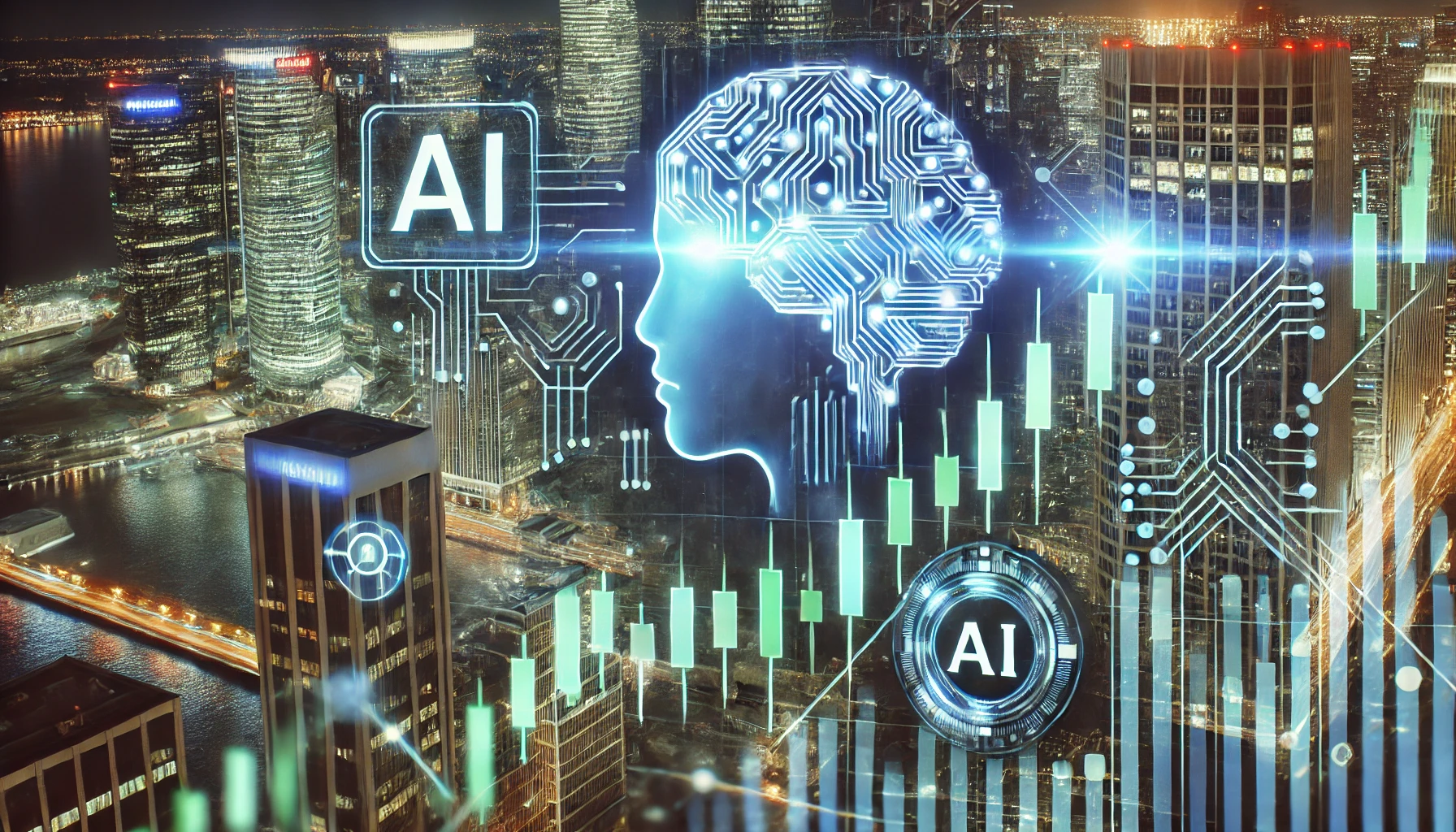 A futuristic stock market scene with rising stock values and AI elements.
