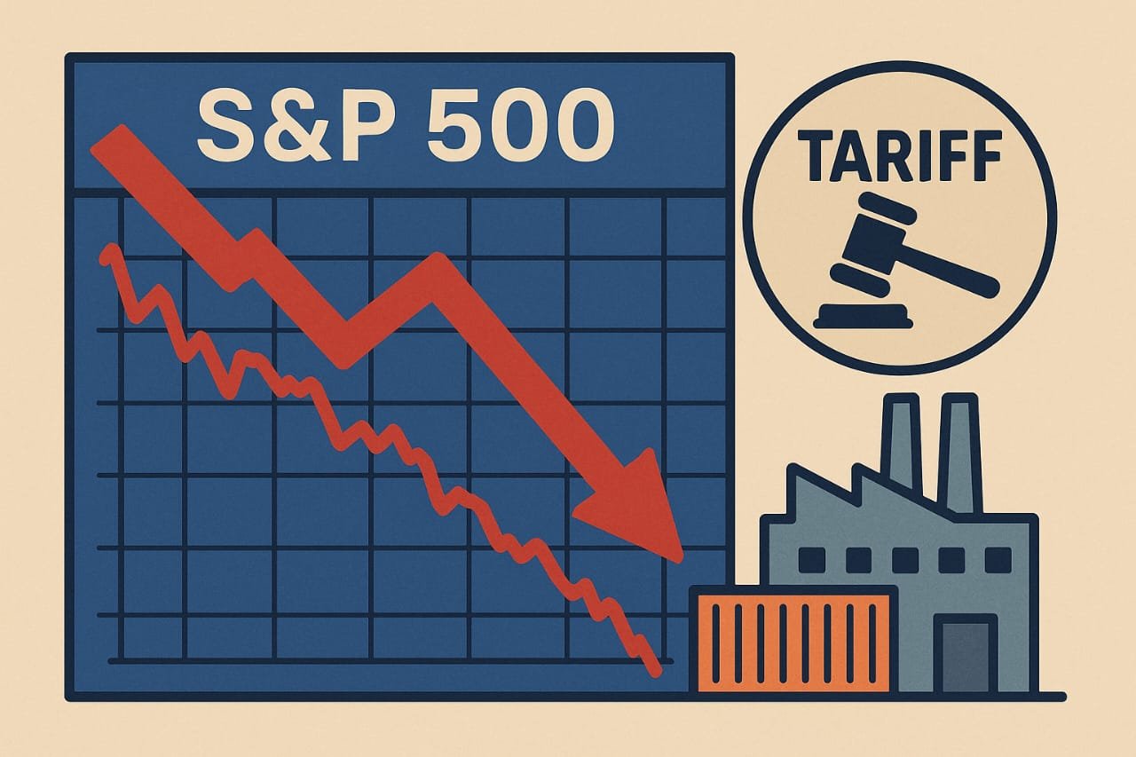 Illustration of a downward trending S&P 500 chart with a red arrow, a gavel symbol representing tariffs, a factory, and a shipping container—symbolizing market decline due to trade tensions.